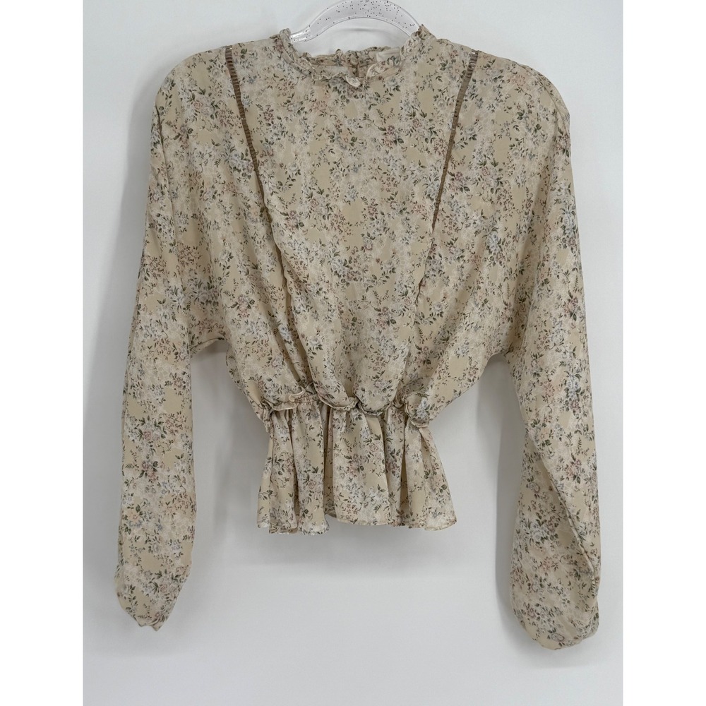 Sienna Sky Womens Sz XS Floral Peplum Blouse High Neck Ruffle Long Sleeve Cream